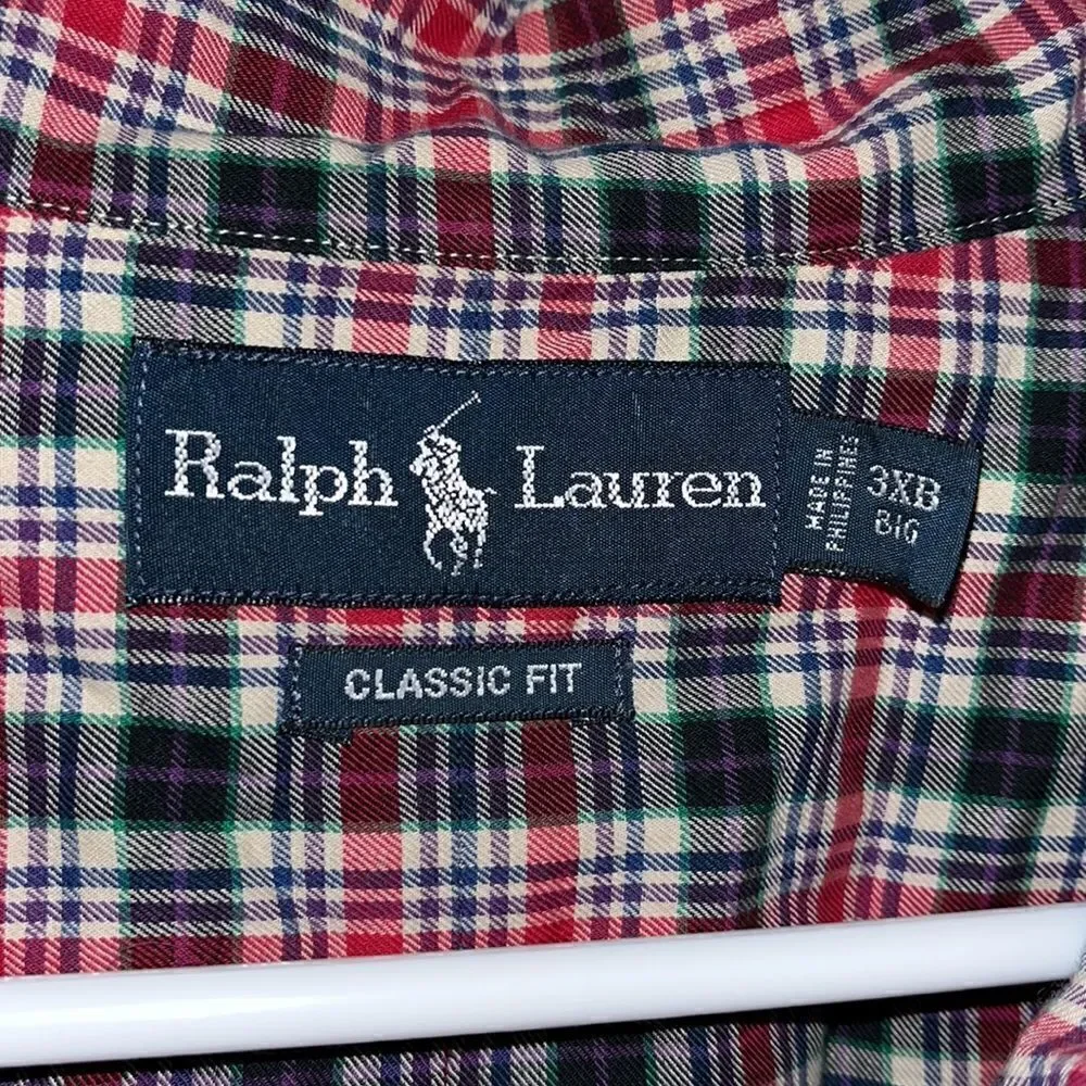 Amazing Big Man Christmas Color Tartan plaid Green Polo Pony LS shirt 3XB men’s